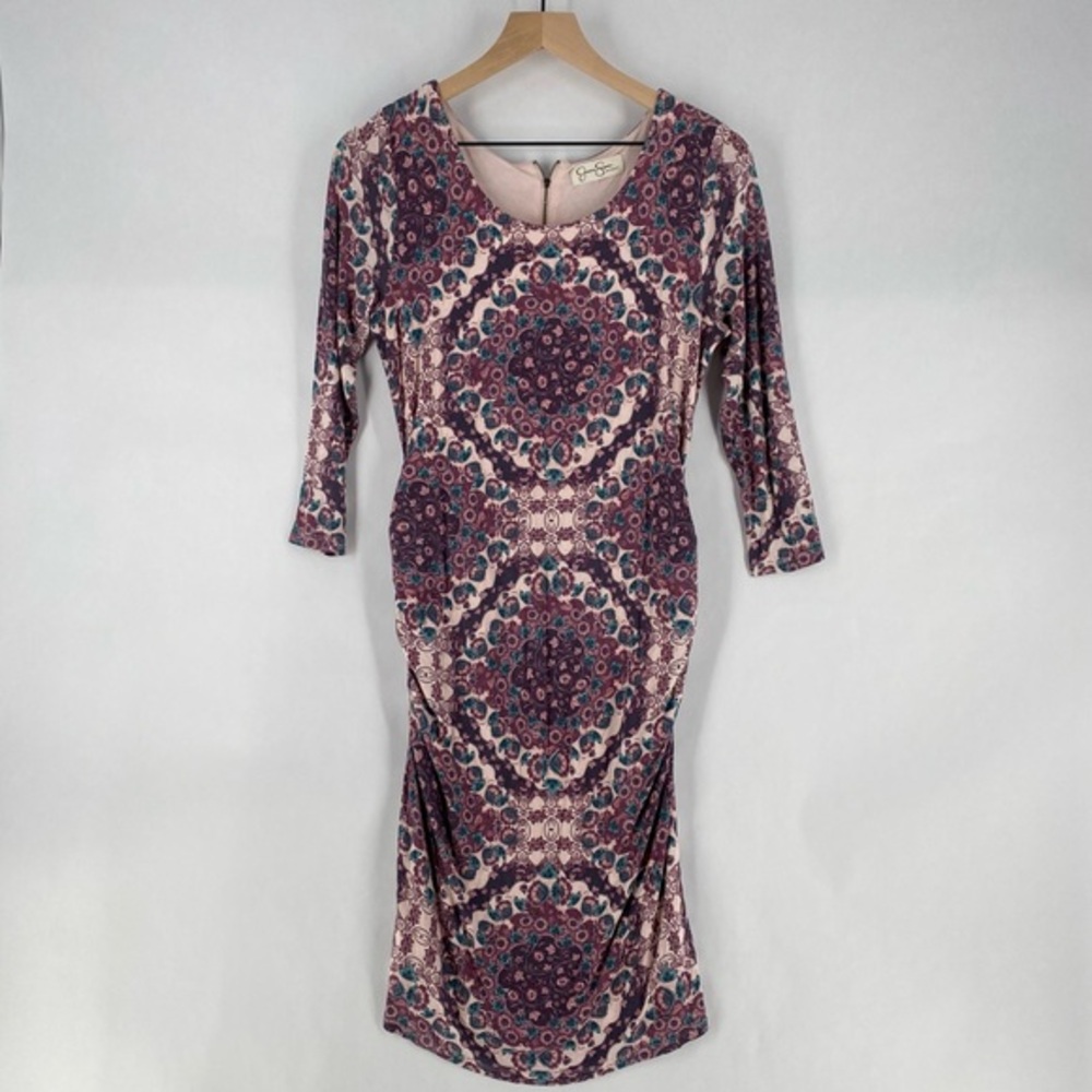Jessica Simpson Maternity Soft Floral Print Scoop‎ Neck 3/4 Sleeve Ruched Dress